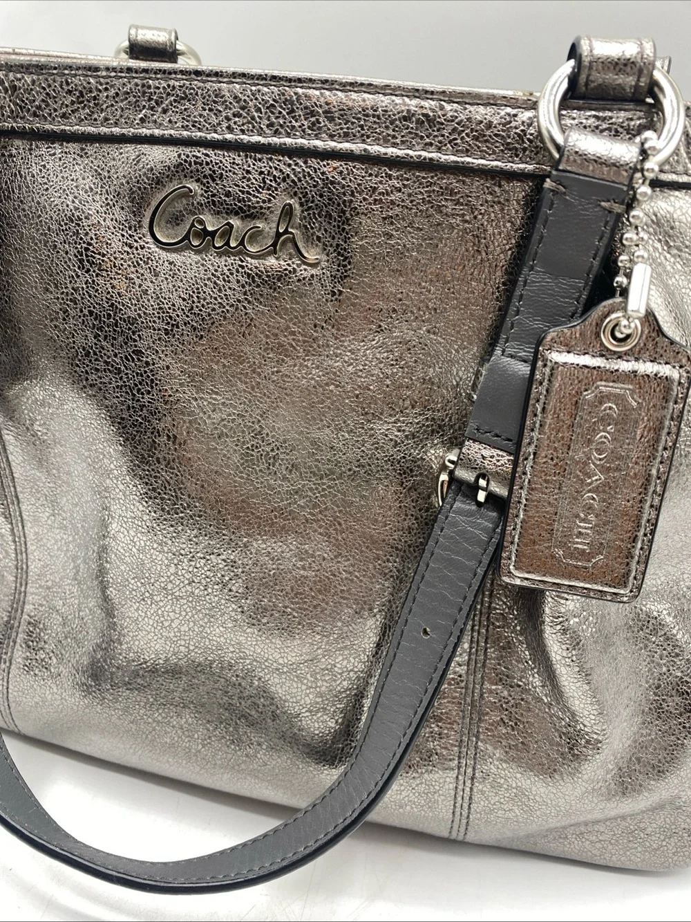Y2K Coach Metallic Gray Leather Double Handles Zipper Closure Tote Shoulder Bag